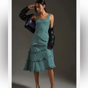 Anthropologie Teal Patterned Midi Dress
